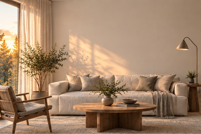 A living room with a bare wall