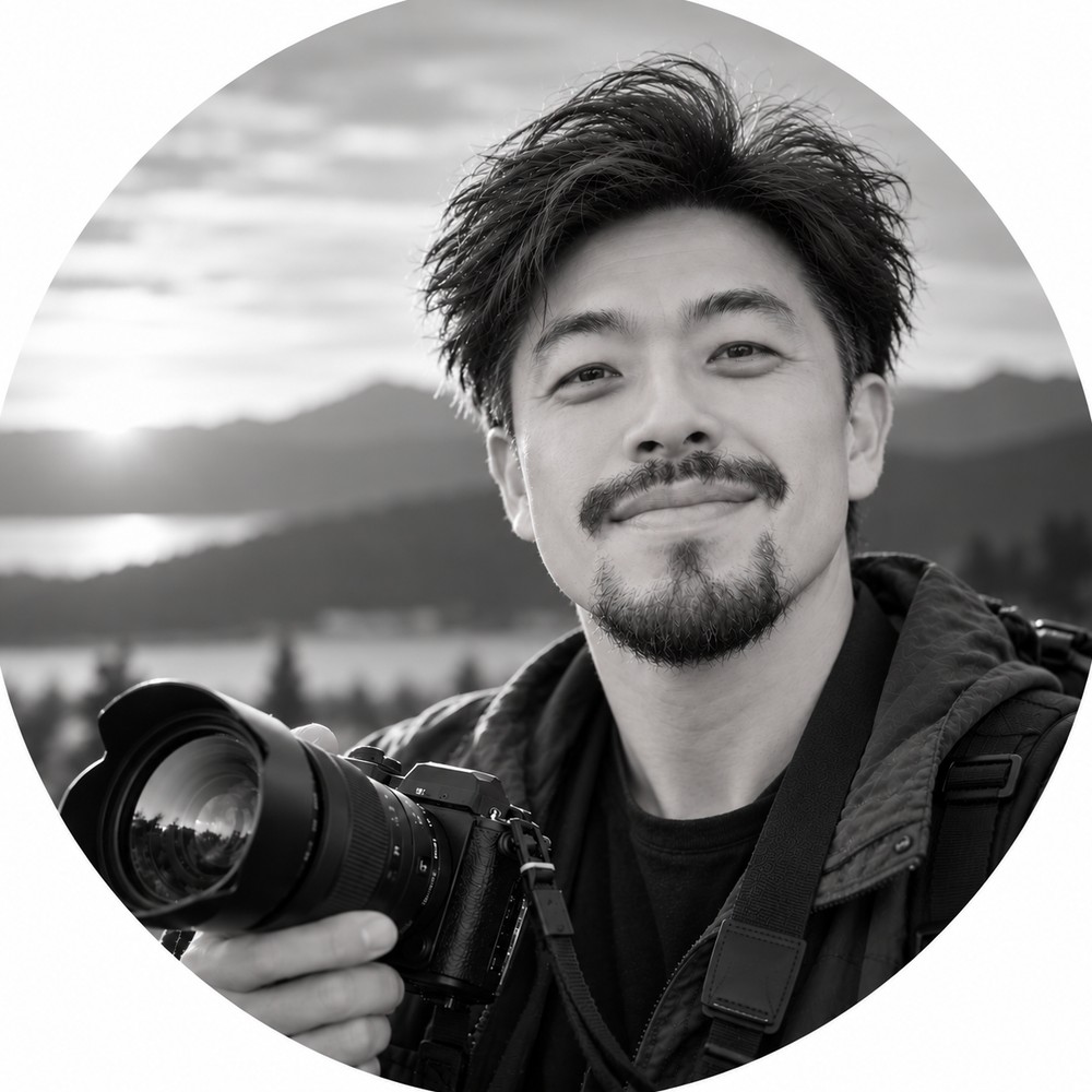 Black-and-white portrait of William Zhang holding a camera against a sunrise over mountains and a lake